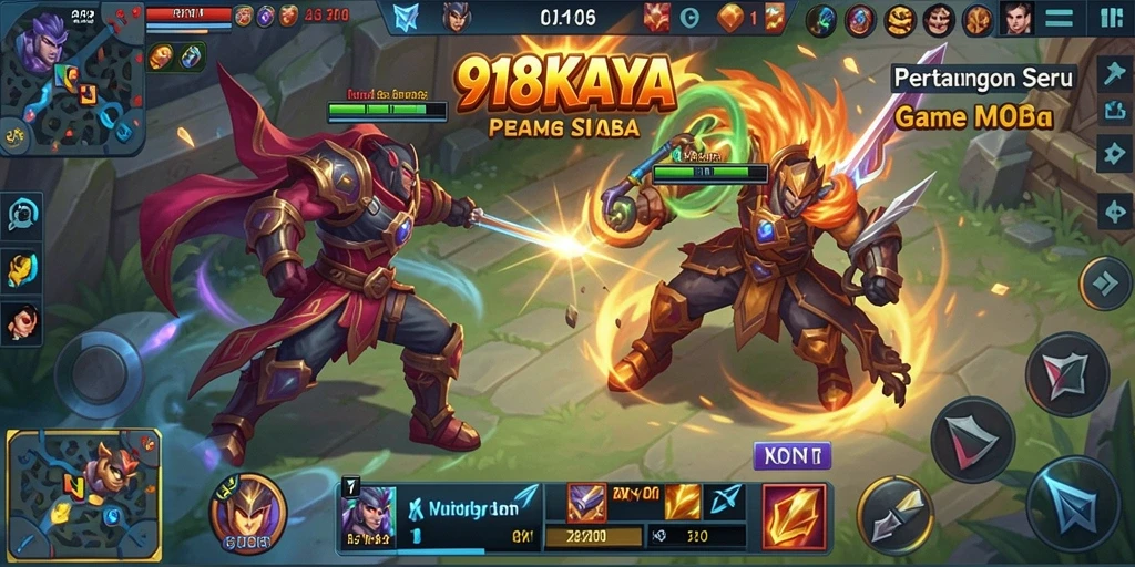 Screenshot gameplay 918KAYA menampilkan pertempuran seru dalam arena MOBA.