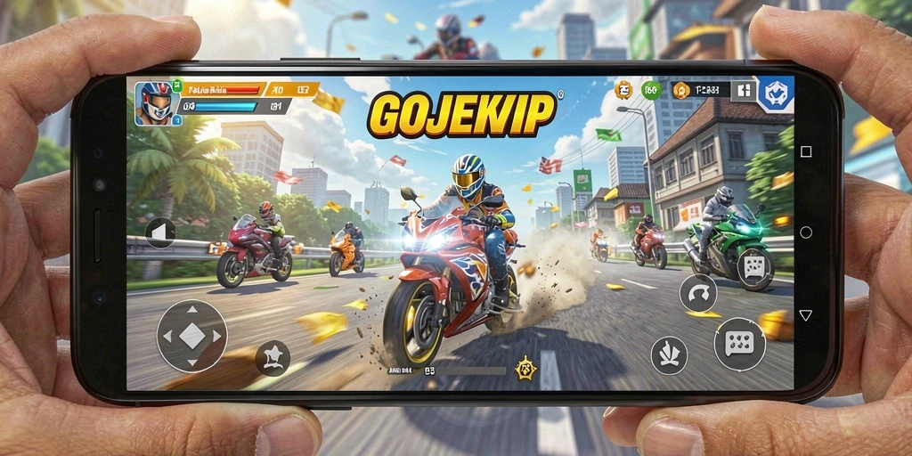 Gameplay seru GOJEKVIP menampilkan balapan motor di lintasan menantang.