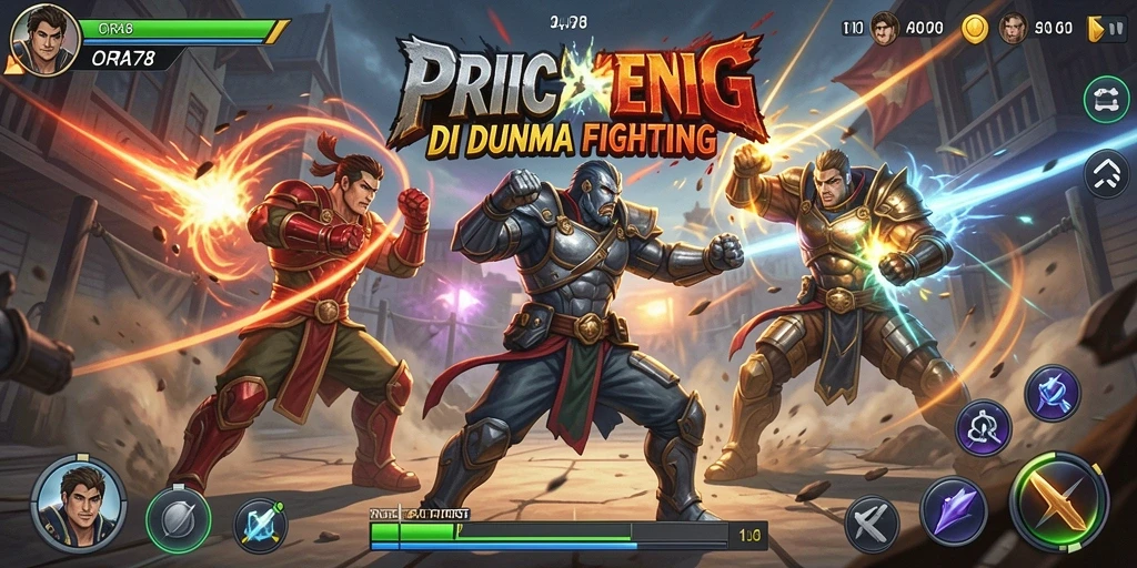 Tampilan gameplay ORA78 dengan karakter bertarung dalam arena yang epik.