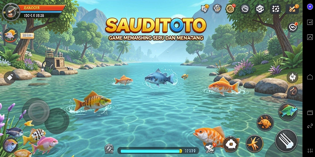 Tampilan gameplay SAUDITOTO dengan aksi memancing yang seru.
