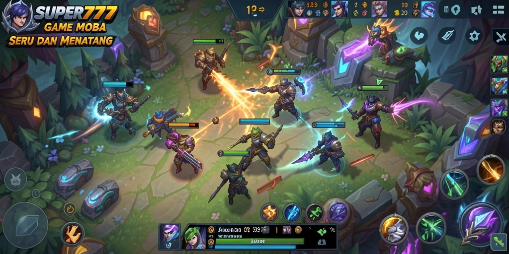 Tangkapan layar dari gameplay <strong>SUPER777</strong> menunjukkan pertarungan MOBA yang mendebarkan.