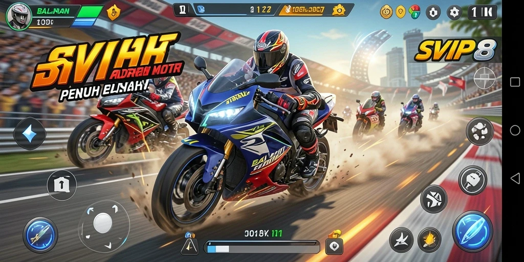 Screenshot gameplay SVIP8 menunjukkan balapan motor yang menegangkan dan penuh aksi.